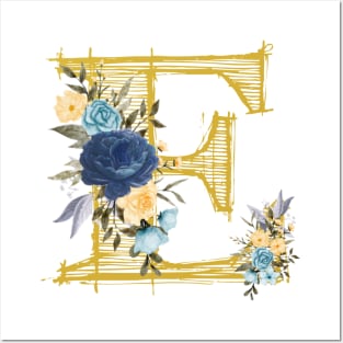 Monogram Letter E In Metallic Gold With Aesthetic Blue Flowers Botany Posters and Art